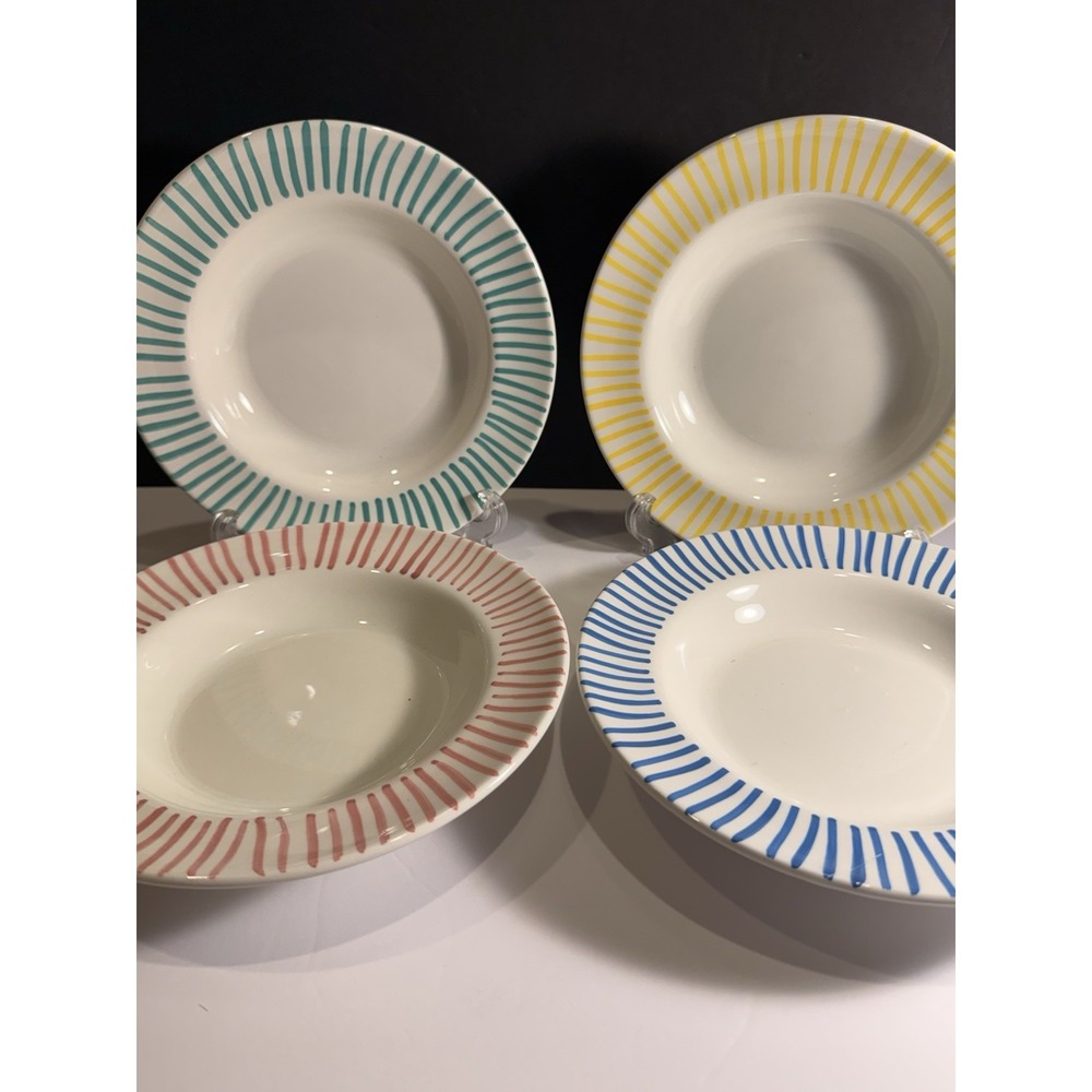 Pier 1 Imports Hand Painted Italy Soup Pasta Bowl Set 4 Color Stripes